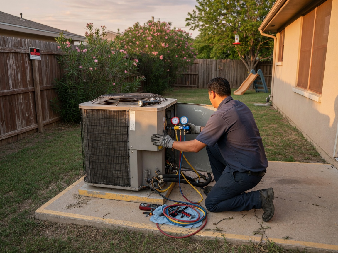 Technician servicing an outdoor air conditioner