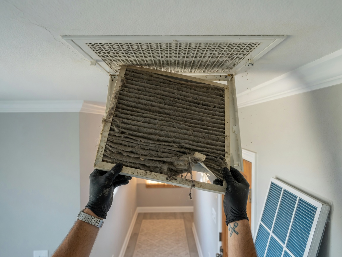 Technician changing a return air filter