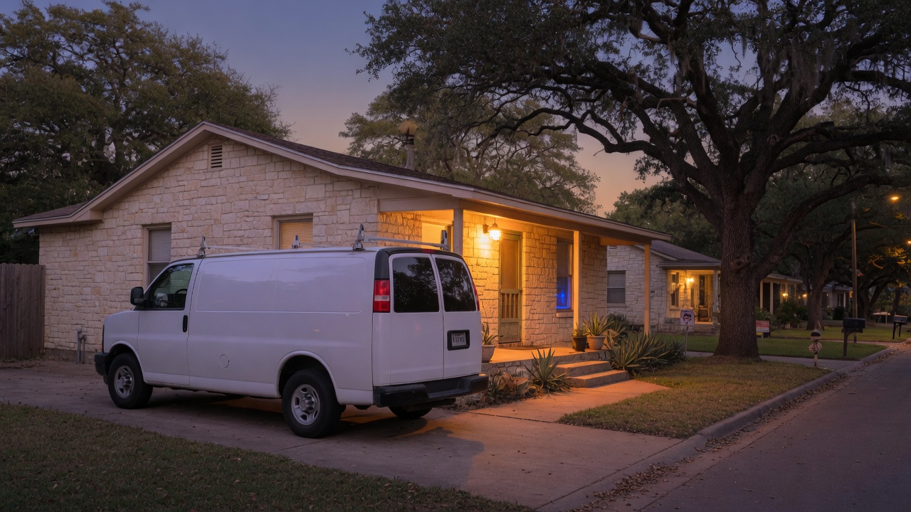 Service van at an Austin home at dusk